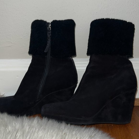 PRADA Black Wedge Heeled Booties with Faux Fur - Picture 1 of 3